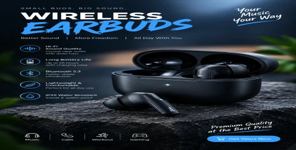 Premium Wireless Earbuds Product Advertisement Banner